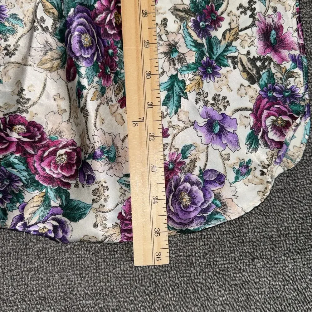 Vintage 90s Adonna Slip Dress Women's Medium Floral Beige Purple Satin Sleepwear - Picture 8 of 10